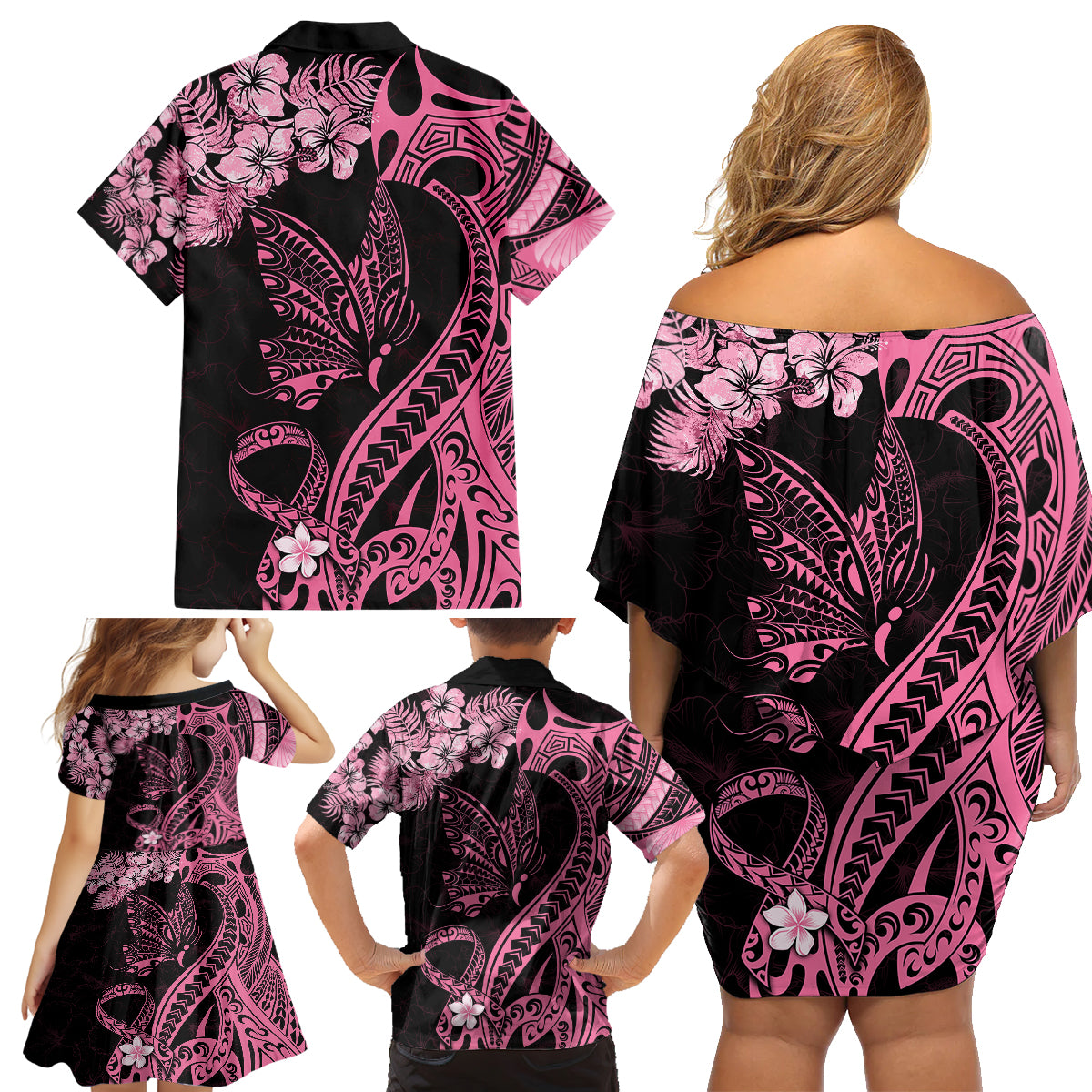 Personalised Polynesian Floral Butterfly Family Matching Off Shoulder Short Dress and Hawaiian Shirt Breast Cancer Pink Ribbon LT9 - Polynesian Pride