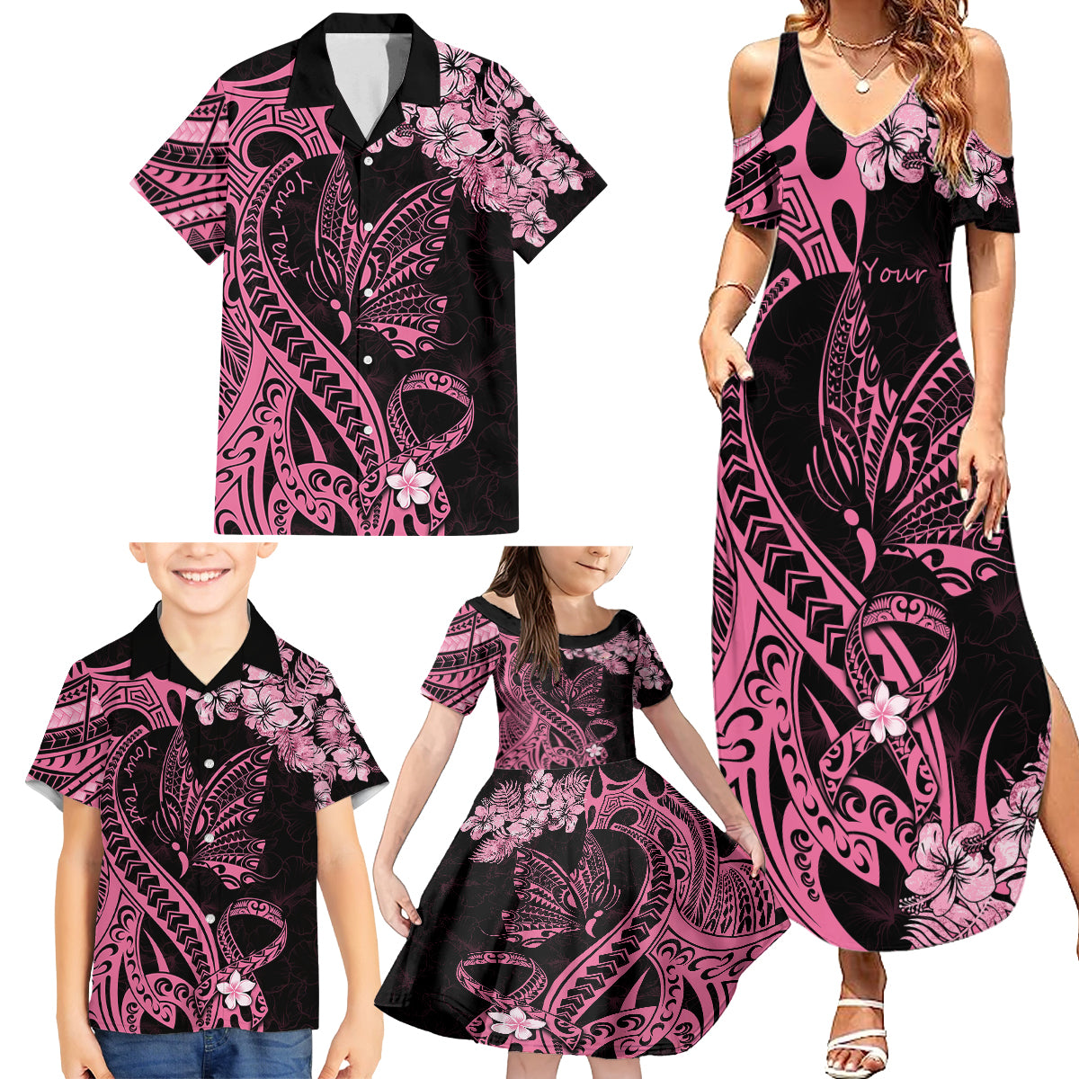 Personalised Polynesian Floral Butterfly Family Matching Summer Maxi Dress and Hawaiian Shirt Breast Cancer Pink Ribbon LT9 - Polynesian Pride