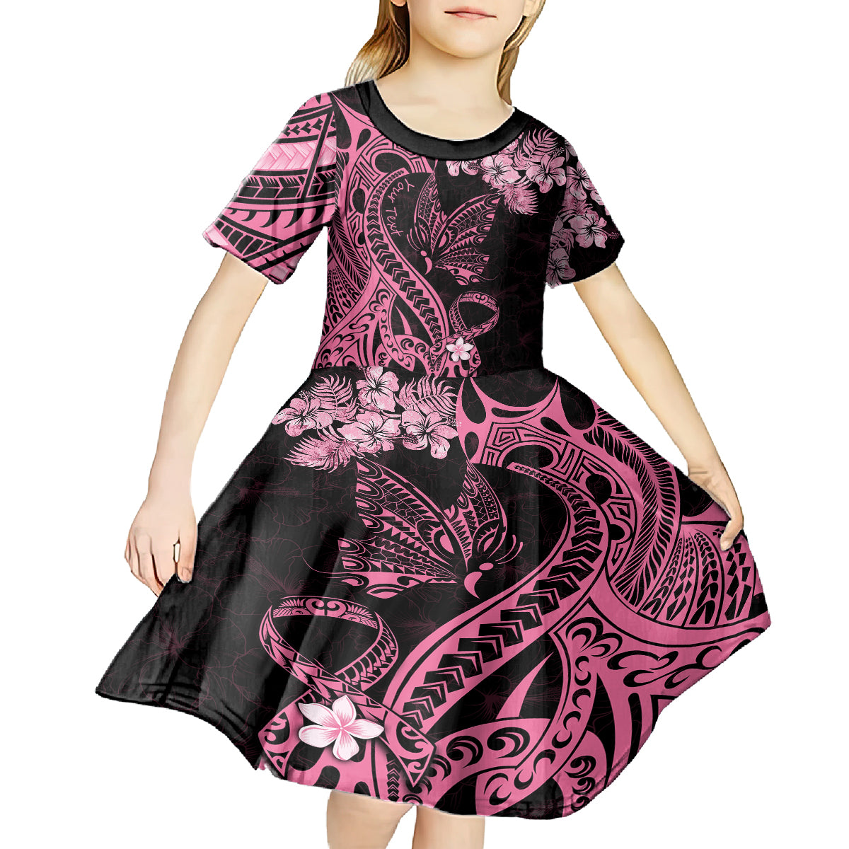 Personalised Polynesian Floral Butterfly Kid Short Sleeve Dress Breast Cancer Pink Ribbon LT9 - Polynesian Pride