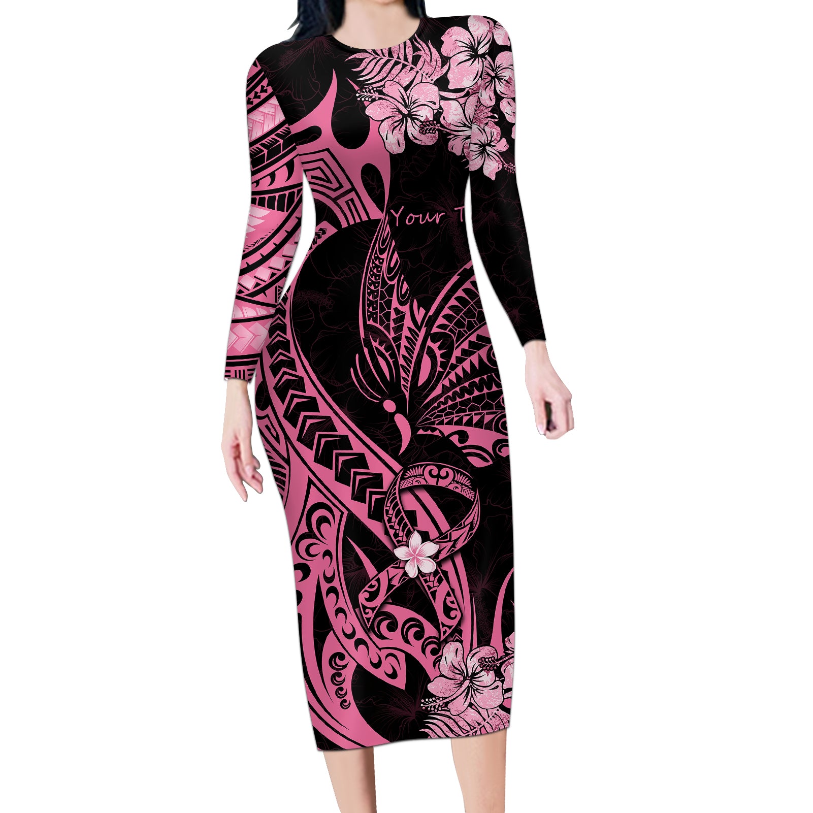 Personalised Polynesian Floral Butterfly Long Sleeve Bodycon Dress Breast Cancer Pink Ribbon LT9 Long Dress Pink - Polynesian Pride