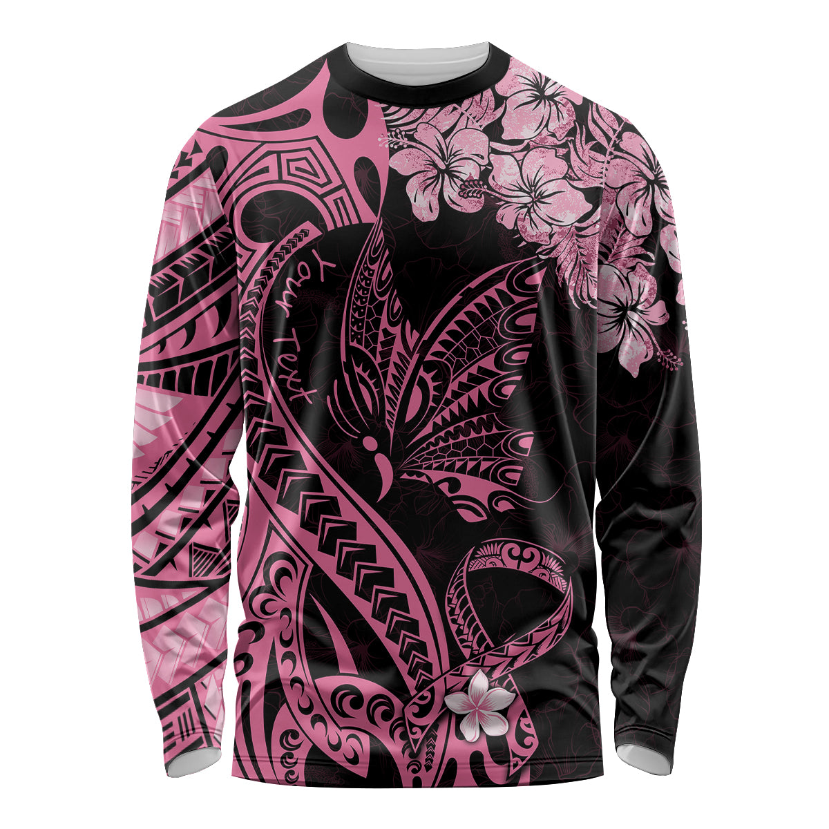 Personalised Polynesian Floral Butterfly Long Sleeve Shirt Breast Cancer Pink Ribbon LT9 Unisex Pink - Polynesian Pride