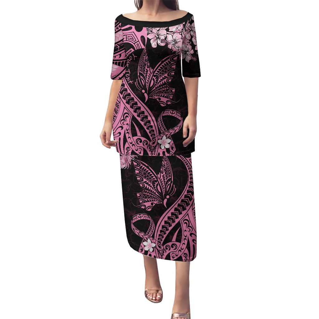 Personalised Polynesian Floral Butterfly Puletasi Breast Cancer Pink Ribbon LT9 Long Dress Pink - Polynesian Pride