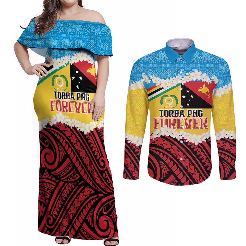 Personalised Torba PNG Forever Couples Matching Off Shoulder Maxi Dress and Long Sleeve Button Shirt Polynesian Sand Art - Polynesian Pride