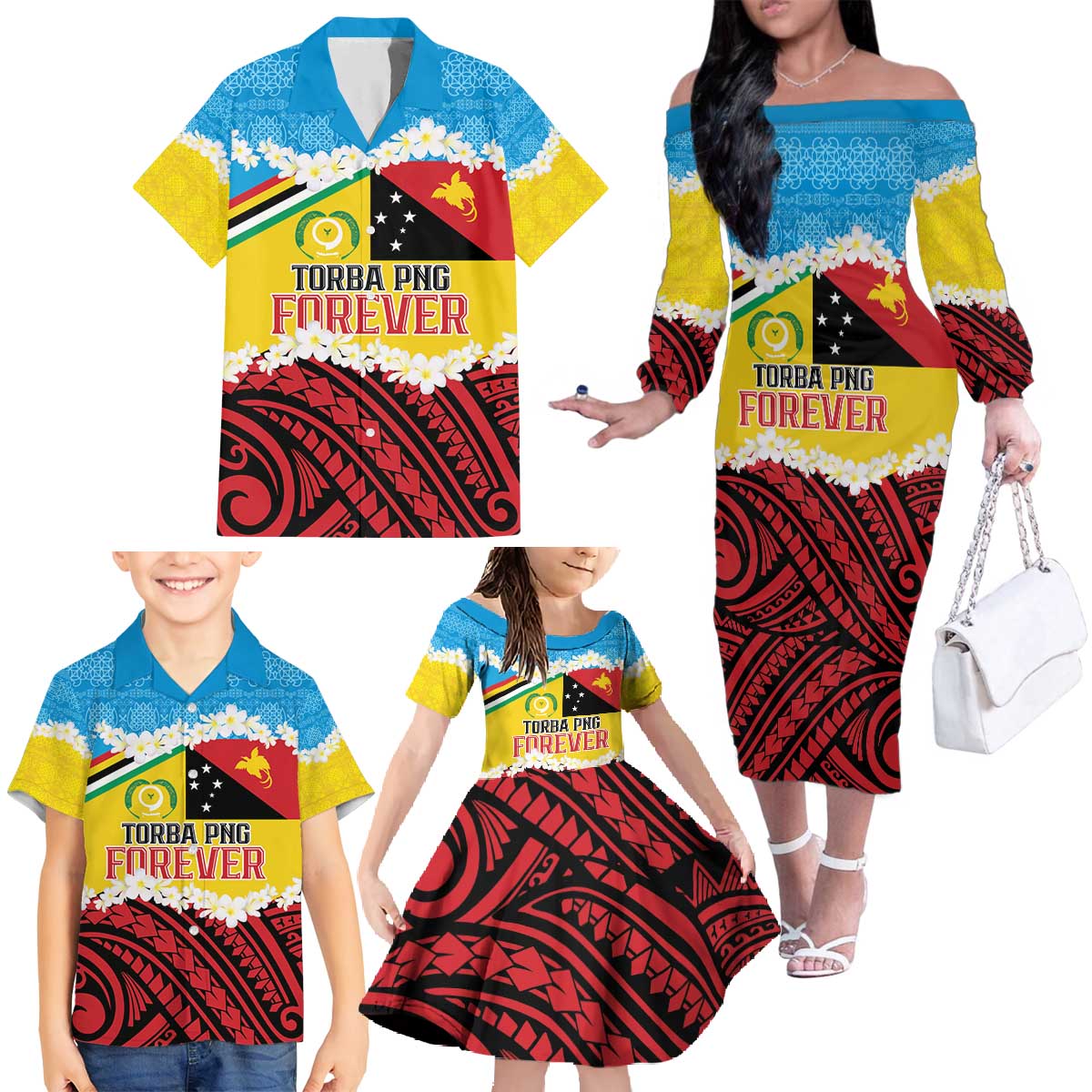 Personalised Torba PNG Forever Family Matching Off The Shoulder Long Sleeve Dress and Hawaiian Shirt Polynesian Sand Art - Polynesian Pride