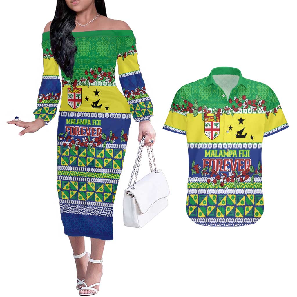 Personalised Malampa Fiji Forever Couples Matching Off The Shoulder Long Sleeve Dress and Hawaiian Shirt Tagimoucia Polynesian Sand Drawing - Polynesian Pride