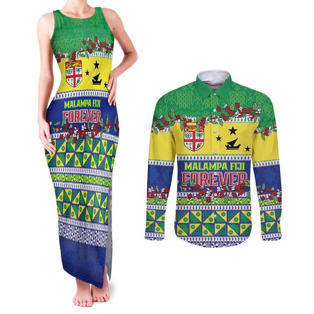 Personalised Malampa Fiji Forever Couples Matching Tank Maxi Dress and Long Sleeve Button Shirt Tagimoucia Polynesian Sand Drawing - Polynesian Pride