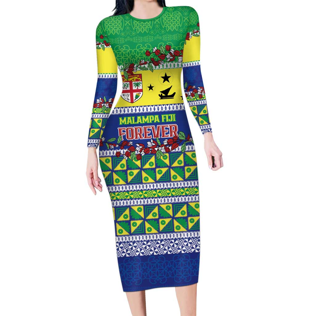 Personalised Malampa Fiji Forever Long Sleeve Bodycon Dress Tagimoucia Polynesian Sand Drawing - Polynesian Pride