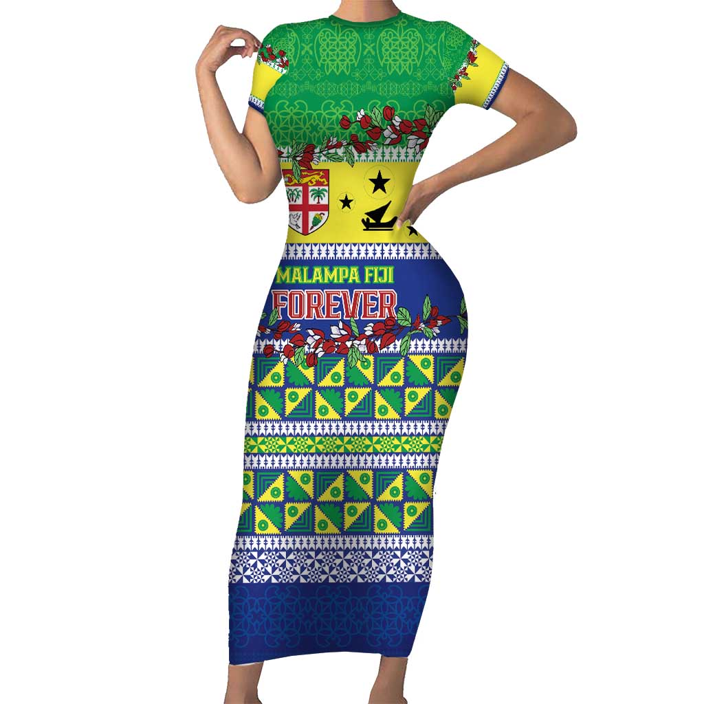 Personalised Malampa Fiji Forever Short Sleeve Bodycon Dress Tagimoucia Polynesian Sand Drawing - Polynesian Pride