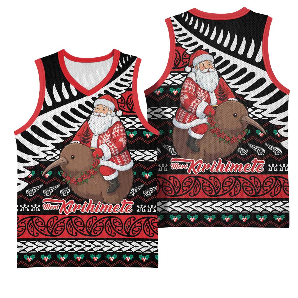 New Zealand Kiwi Santa Christmas Basketball Jersey He Wairua Kirihimete - Polynesian Pride