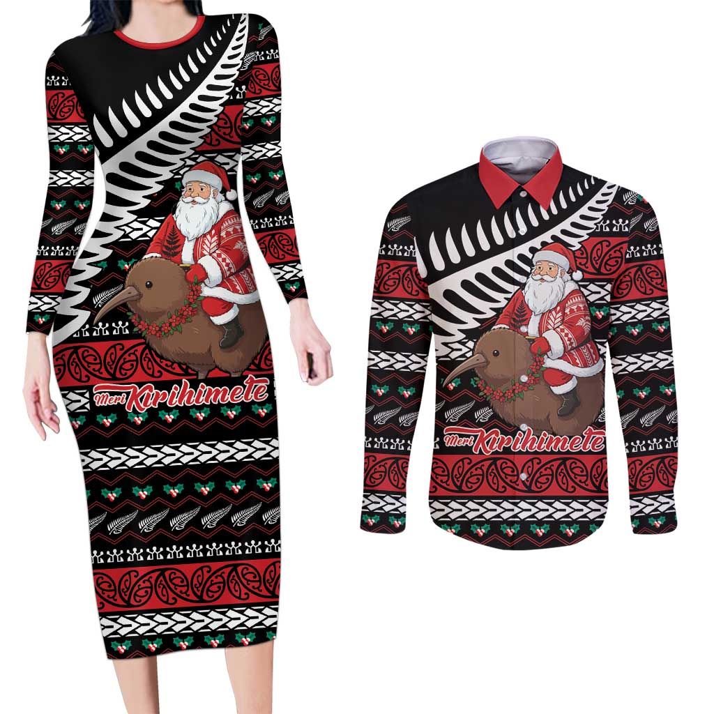 New Zealand Kiwi Santa Christmas Couples Matching Long Sleeve Bodycon Dress and Long Sleeve Button Shirt He Wairua Kirihimete - Polynesian Pride