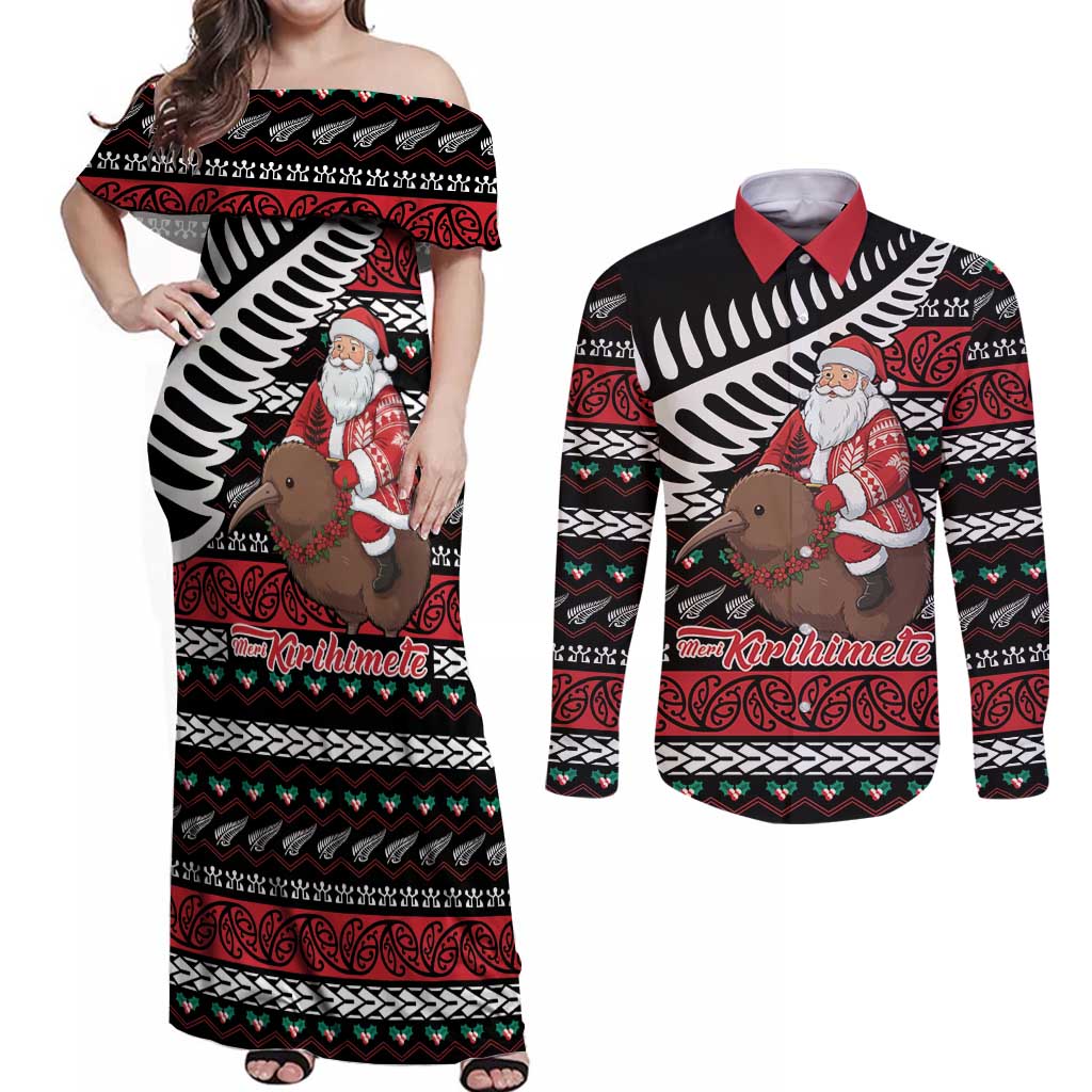New Zealand Kiwi Santa Christmas Couples Matching Off Shoulder Maxi Dress and Long Sleeve Button Shirt He Wairua Kirihimete - Polynesian Pride