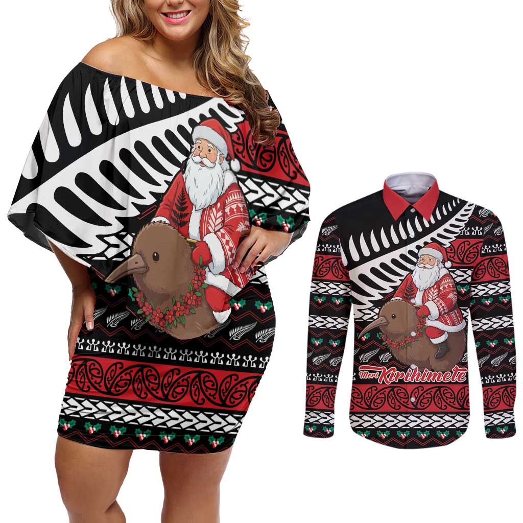 New Zealand Kiwi Santa Christmas Couples Matching Off Shoulder Short Dress and Long Sleeve Button Shirt He Wairua Kirihimete - Polynesian Pride