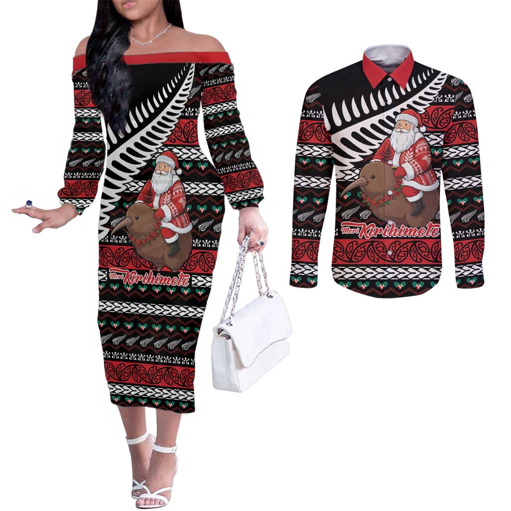 New Zealand Kiwi Santa Christmas Couples Matching Off The Shoulder Long Sleeve Dress and Long Sleeve Button Shirt He Wairua Kirihimete - Polynesian Pride