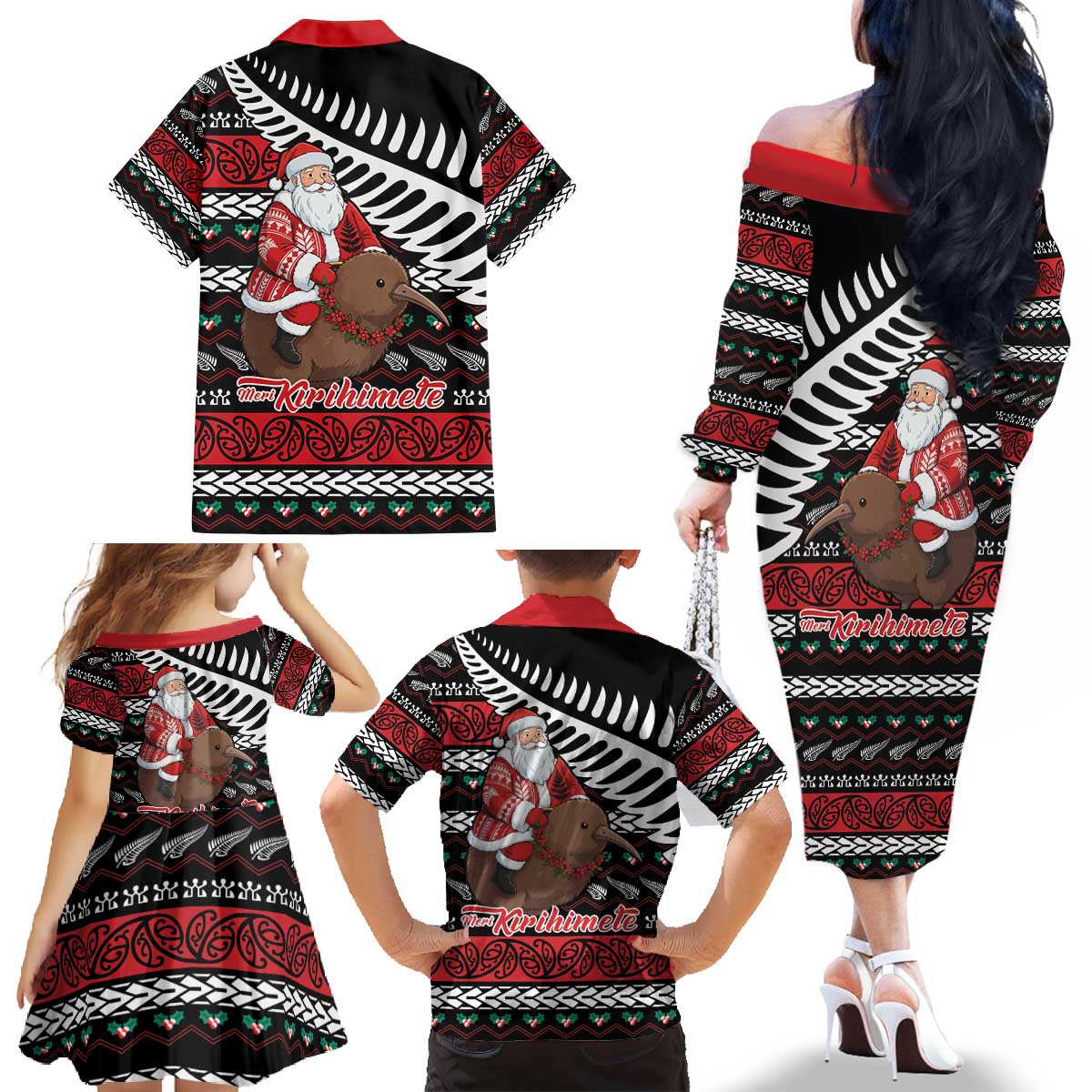 New Zealand Kiwi Santa Christmas Family Matching Off The Shoulder Long Sleeve Dress and Hawaiian Shirt He Wairua Kirihimete - Polynesian Pride