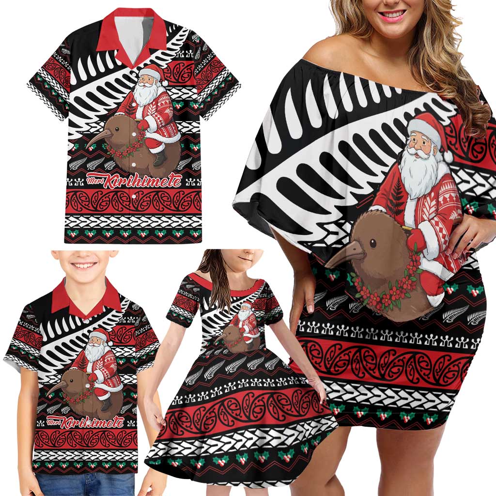 New Zealand Kiwi Santa Christmas Family Matching Off Shoulder Short Dress and Hawaiian Shirt He Wairua Kirihimete - Polynesian Pride