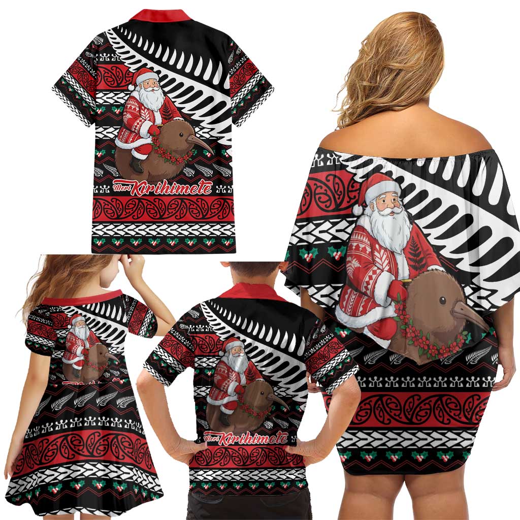 New Zealand Kiwi Santa Christmas Family Matching Off Shoulder Short Dress and Hawaiian Shirt He Wairua Kirihimete - Polynesian Pride