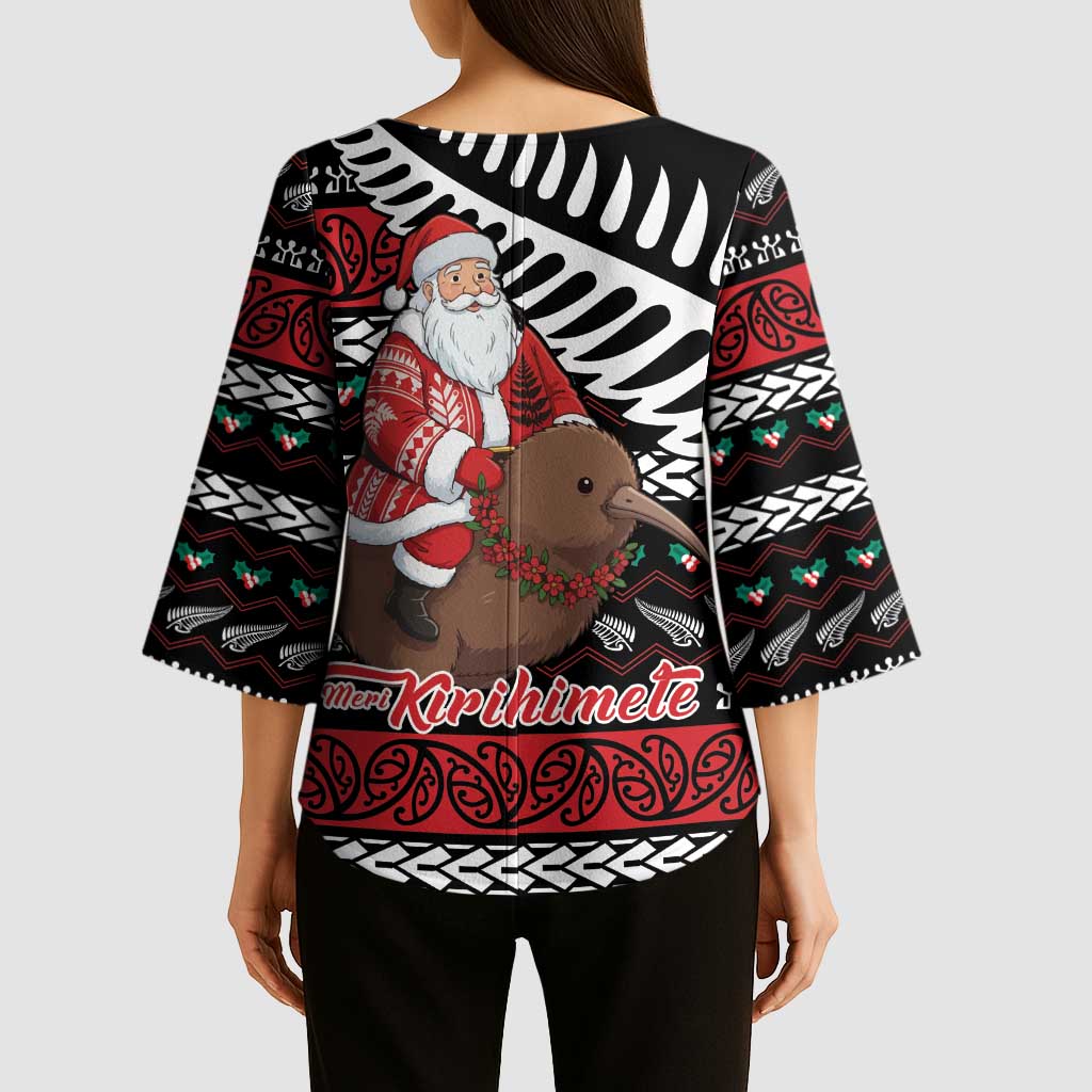New Zealand Kiwi Santa Christmas Kimono Sleeve Blouse He Wairua Kirihimete - Polynesian Pride