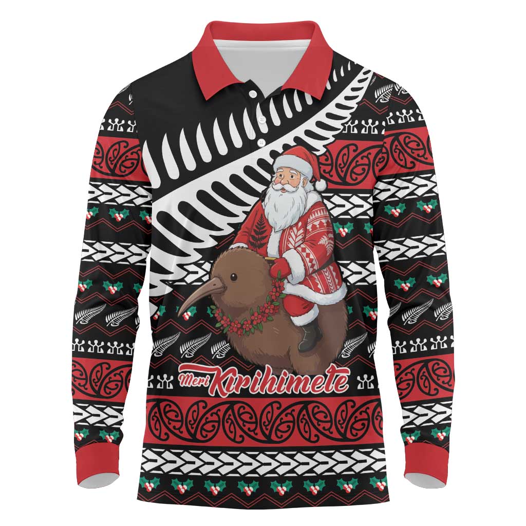New Zealand Kiwi Santa Christmas Long Sleeve Polo Shirt He Wairua Kirihimete - Polynesian Pride