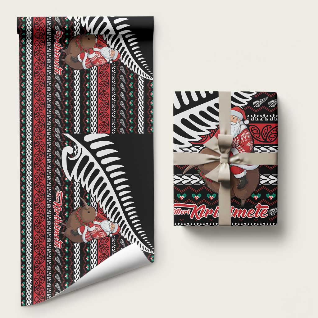 New Zealand Kiwi Santa Christmas Wrapping Paper He Wairua Kirihimete LT9 58" × 23" Black - Polynesian Pride