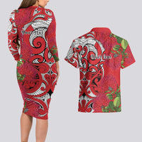 Personalised New Zealand Koru Pohutukawa Couples Matching Long Sleeve Bodycon Dress and Hawaiian Shirt Meri Kirihimete Aroha for Christmas - Polynesian Pride