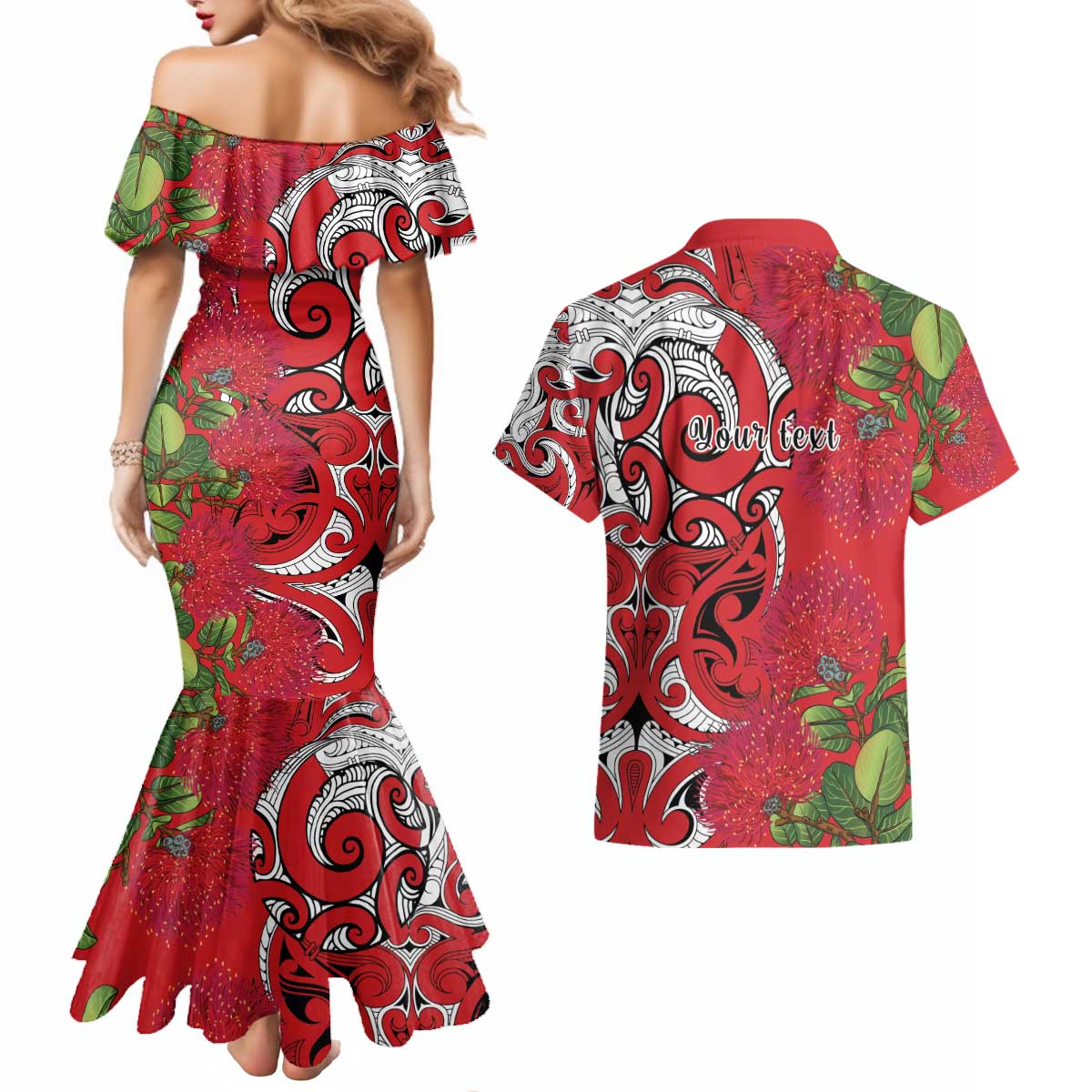 Personalised New Zealand Koru Pohutukawa Couples Matching Mermaid Dress and Hawaiian Shirt Meri Kirihimete Aroha for Christmas - Polynesian Pride