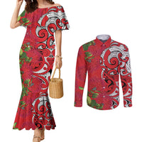Personalised New Zealand Koru Pohutukawa Couples Matching Mermaid Dress and Long Sleeve Button Shirt Meri Kirihimete Aroha for Christmas - Polynesian Pride