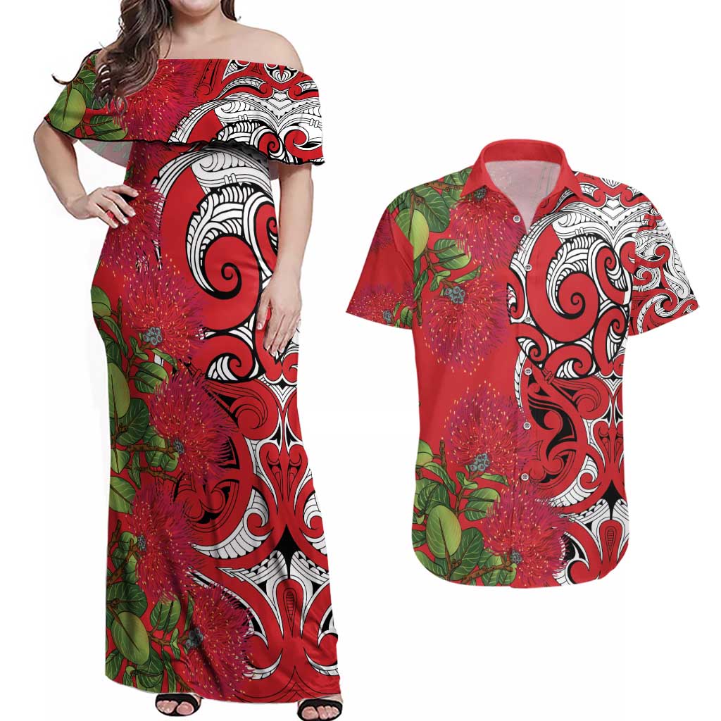 Personalised New Zealand Koru Pohutukawa Couples Matching Off Shoulder Maxi Dress and Hawaiian Shirt Meri Kirihimete Aroha for Christmas - Polynesian Pride