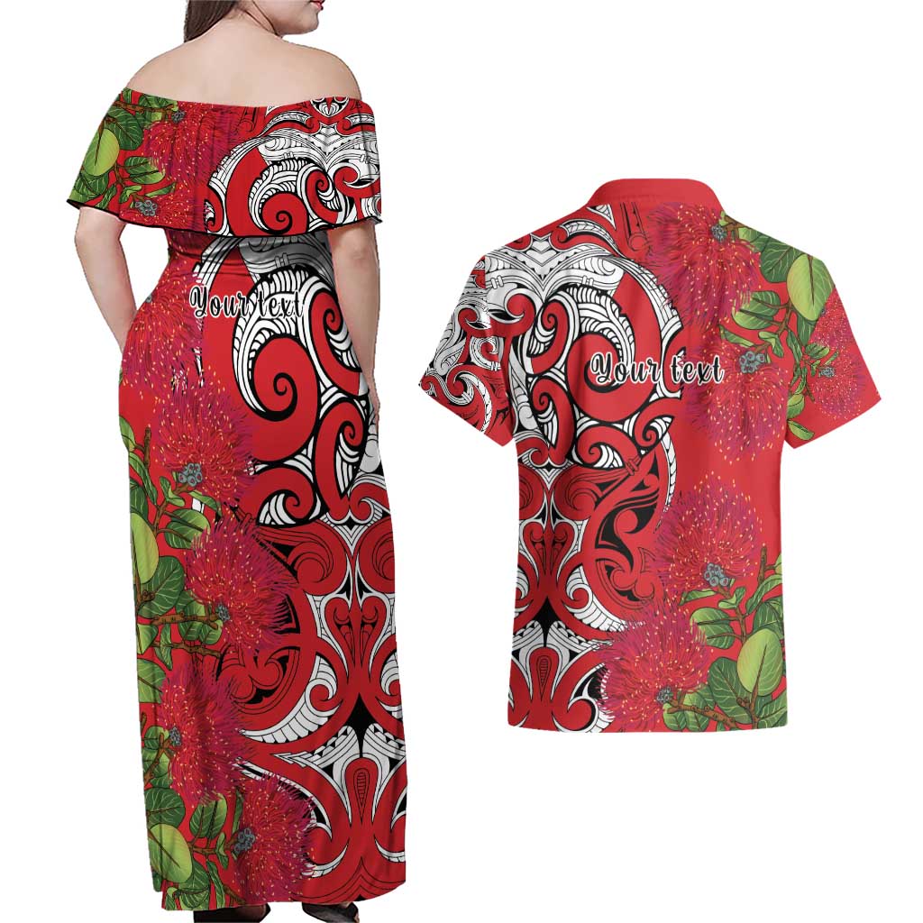 Personalised New Zealand Koru Pohutukawa Couples Matching Off Shoulder Maxi Dress and Hawaiian Shirt Meri Kirihimete Aroha for Christmas - Polynesian Pride
