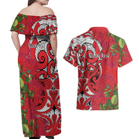 Personalised New Zealand Koru Pohutukawa Couples Matching Off Shoulder Maxi Dress and Hawaiian Shirt Meri Kirihimete Aroha for Christmas - Polynesian Pride