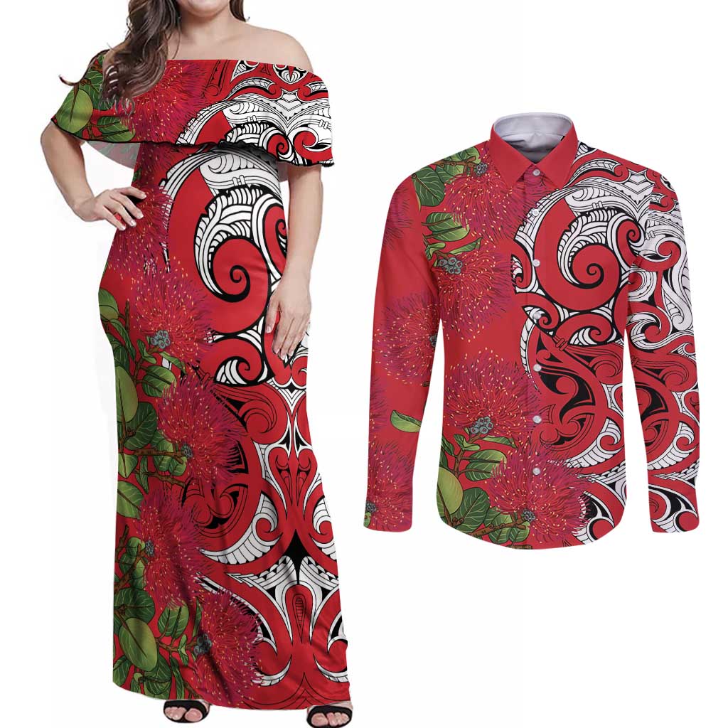 Personalised New Zealand Koru Pohutukawa Couples Matching Off Shoulder Maxi Dress and Long Sleeve Button Shirt Meri Kirihimete Aroha for Christmas - Polynesian Pride