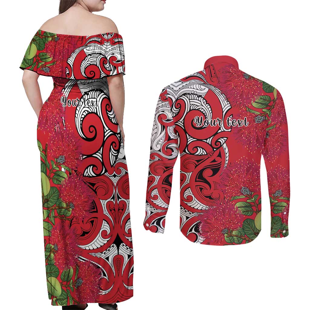 Personalised New Zealand Koru Pohutukawa Couples Matching Off Shoulder Maxi Dress and Long Sleeve Button Shirt Meri Kirihimete Aroha for Christmas - Polynesian Pride