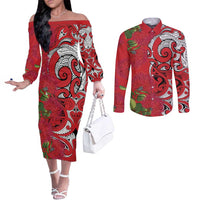 Personalised New Zealand Koru Pohutukawa Couples Matching Off The Shoulder Long Sleeve Dress and Long Sleeve Button Shirt Meri Kirihimete Aroha for Christmas - Polynesian Pride