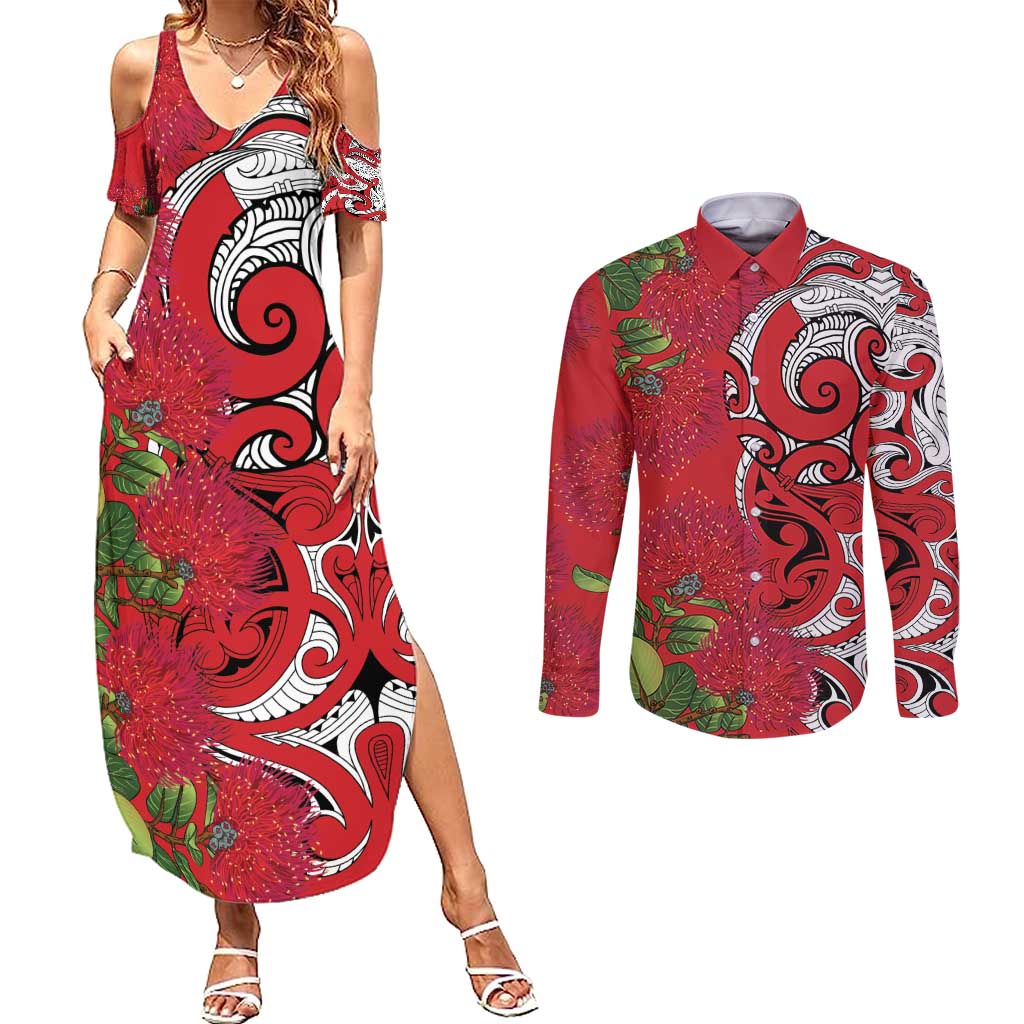 Personalised New Zealand Koru Pohutukawa Couples Matching Summer Maxi Dress and Long Sleeve Button Shirt Meri Kirihimete Aroha for Christmas - Polynesian Pride