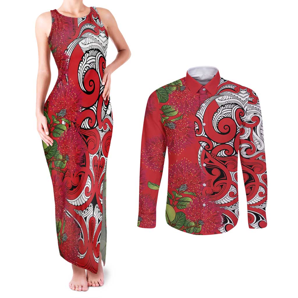 Personalised New Zealand Koru Pohutukawa Couples Matching Tank Maxi Dress and Long Sleeve Button Shirt Meri Kirihimete Aroha for Christmas - Polynesian Pride