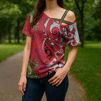 Personalised New Zealand Koru Pohutukawa Cross Shoulder Shirt Meri Kirihimete Aroha for Christmas - Polynesian Pride