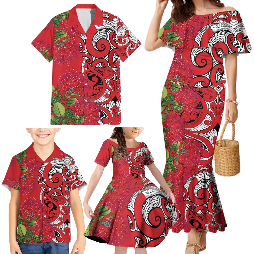 Personalised New Zealand Koru Pohutukawa Family Matching Mermaid Dress and Hawaiian Shirt Meri Kirihimete Aroha for Christmas - Polynesian Pride