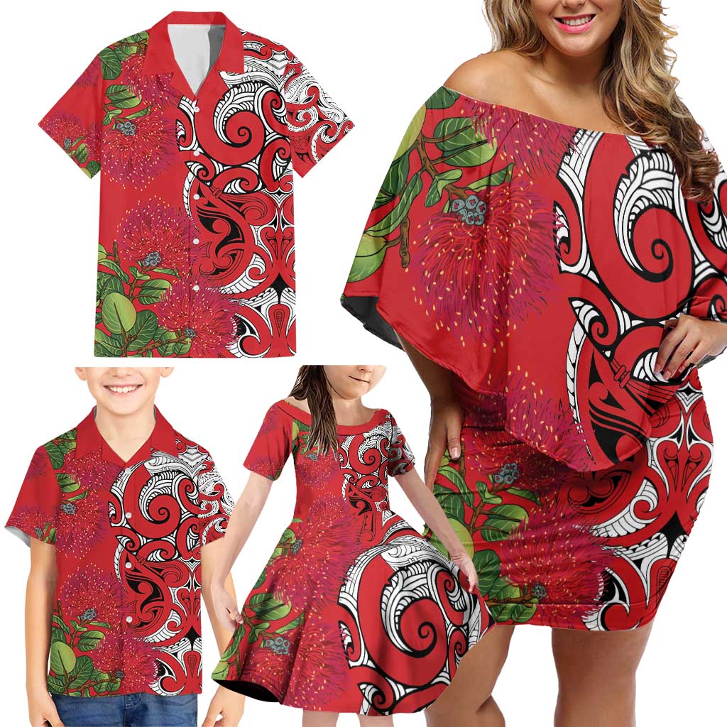 Personalised New Zealand Koru Pohutukawa Family Matching Off Shoulder Short Dress and Hawaiian Shirt Meri Kirihimete Aroha for Christmas - Polynesian Pride