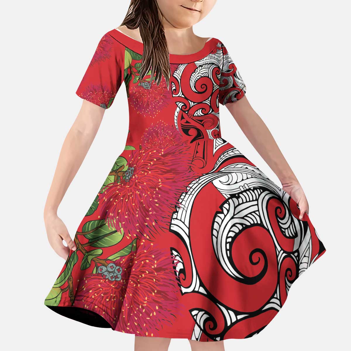 Personalised New Zealand Koru Pohutukawa Kid Short Sleeve Dress Meri Kirihimete Aroha for Christmas - Polynesian Pride