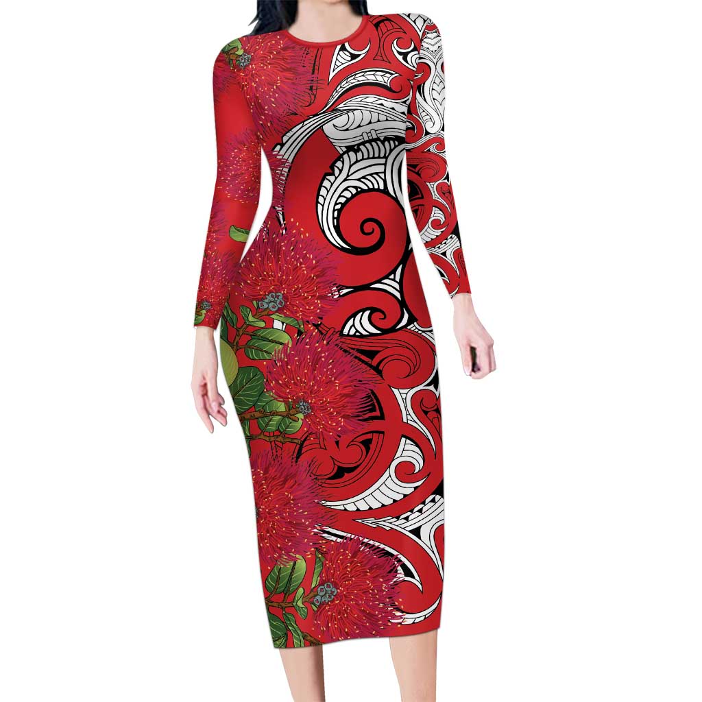 Personalised New Zealand Koru Pohutukawa Long Sleeve Bodycon Dress Meri Kirihimete Aroha for Christmas - Polynesian Pride