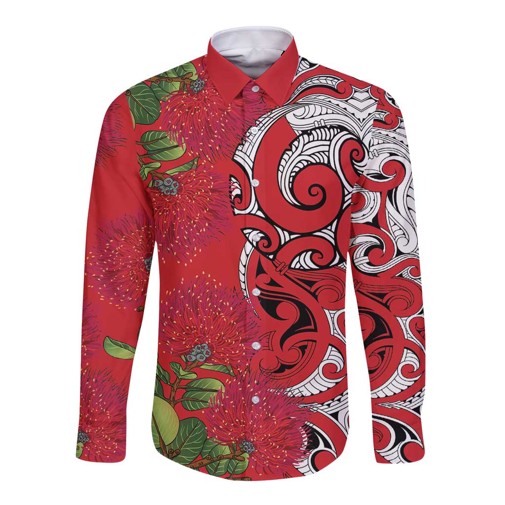 Personalised New Zealand Koru Pohutukawa Long Sleeve Button Shirt Meri Kirihimete Aroha for Christmas - Polynesian Pride