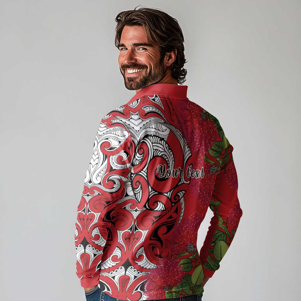 Personalised New Zealand Koru Pohutukawa Long Sleeve Polo Shirt Meri Kirihimete Aroha for Christmas - Polynesian Pride
