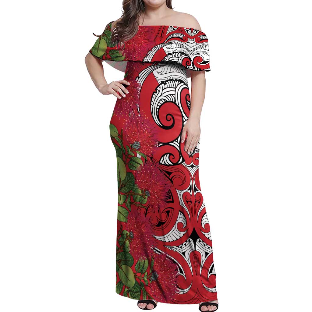 Personalised New Zealand Koru Pohutukawa Off Shoulder Maxi Dress Meri Kirihimete Aroha for Christmas - Polynesian Pride