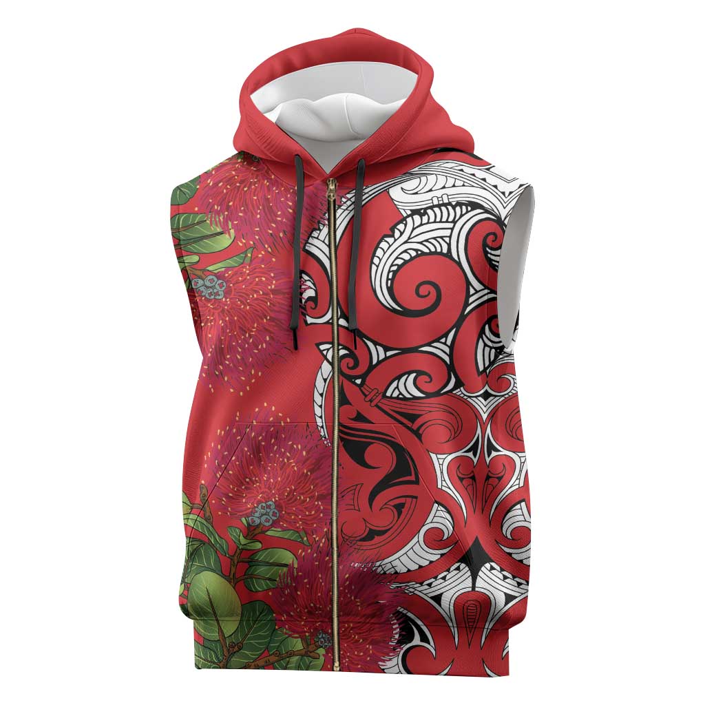 Personalised New Zealand Koru Pohutukawa Sleeveless Zip Hoodie Meri Kirihimete Aroha for Christmas - Polynesian Pride