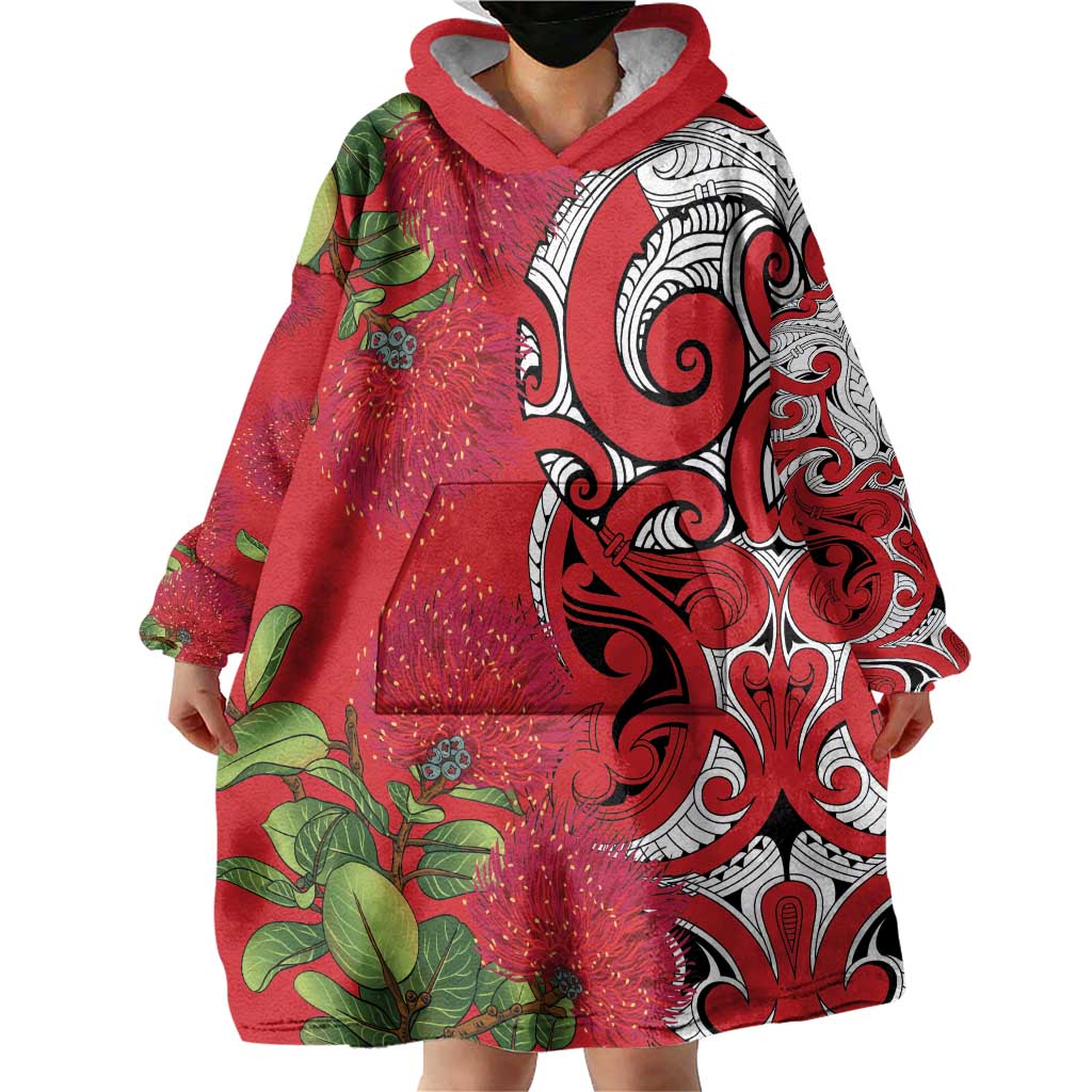 Personalised New Zealand Koru Pohutukawa Wearable Blanket Hoodie Meri Kirihimete Aroha for Christmas - Polynesian Pride