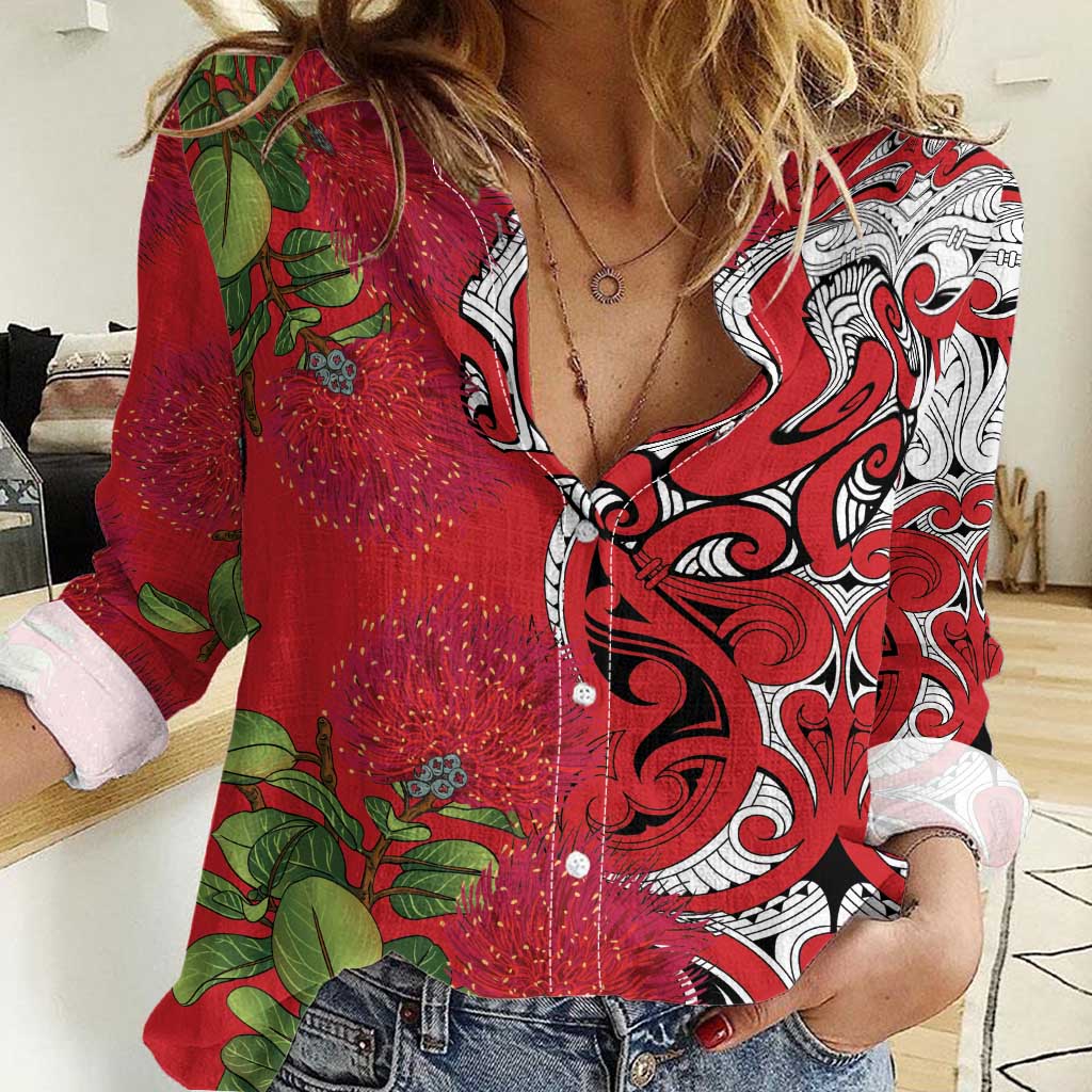 Personalised New Zealand Koru Pohutukawa Women Casual Shirt Meri Kirihimete Aroha for Christmas - Polynesian Pride