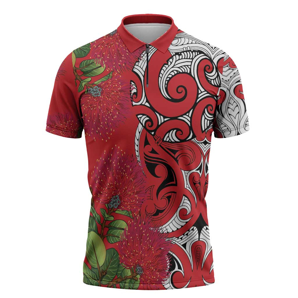 Personalised New Zealand Koru Pohutukawa Zipper Polo Shirt Meri Kirihimete Aroha for Christmas - Polynesian Pride