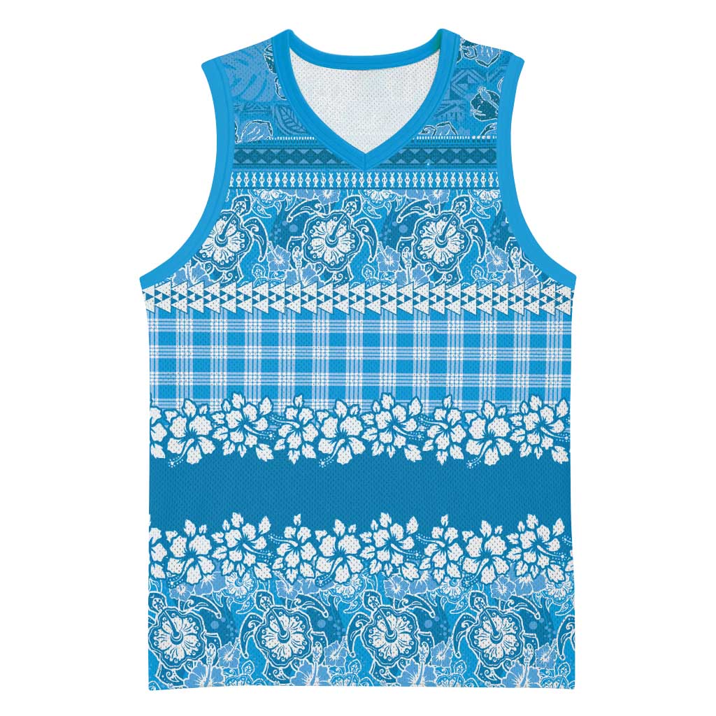 Hawaiian Hibiscus Honu Basketball Jersey Blue Mele Kalikimaka Palaka Spirit - Polynesian Pride