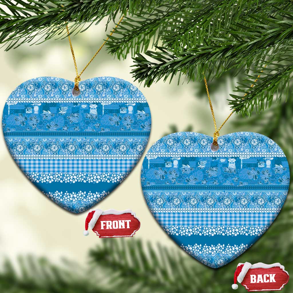 Hawaiian Hibiscus Honu Ceramic Ornament Blue Mele Kalikimaka Palaka Spirit - Polynesian Pride