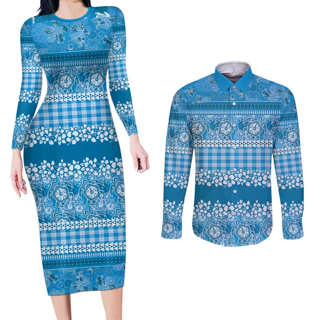 Hawaiian Hibiscus Honu Couples Matching Long Sleeve Bodycon Dress and Long Sleeve Button Shirt Blue Mele Kalikimaka Palaka Spirit - Polynesian Pride