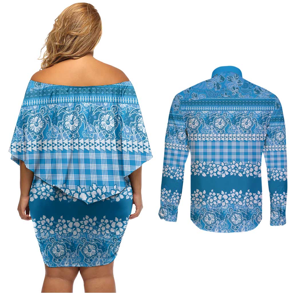 Hawaiian Hibiscus Honu Couples Matching Off Shoulder Short Dress and Long Sleeve Button Shirt Blue Mele Kalikimaka Palaka Spirit - Polynesian Pride